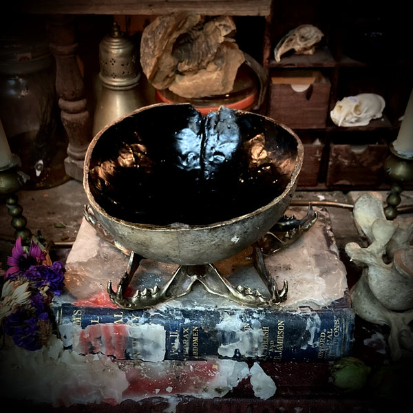 Custom made skull cap scrying bowl on brass stand