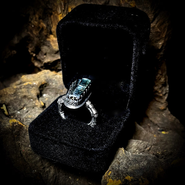 Adjustable sterling silver vivianite claw ring